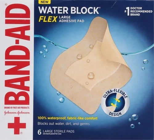 Band-Aid Brand First Aid Products Water Block Non-Stick Sterile Waterproof Pads, Large 2.9 by 4 Inches, 6 ct