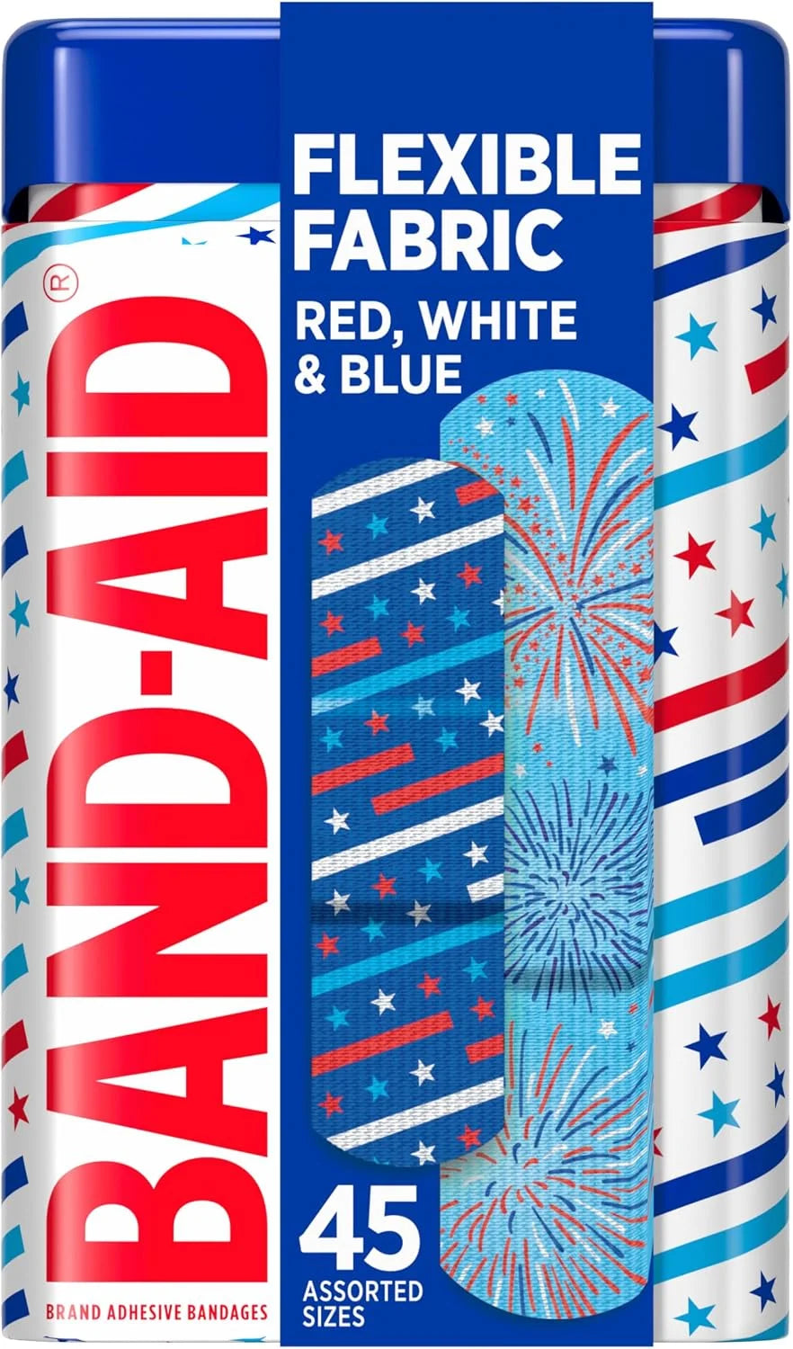 BAND-AID Brand Flexible Fabric Adhesive Bandages, Red, White & Blue, 45 Ct