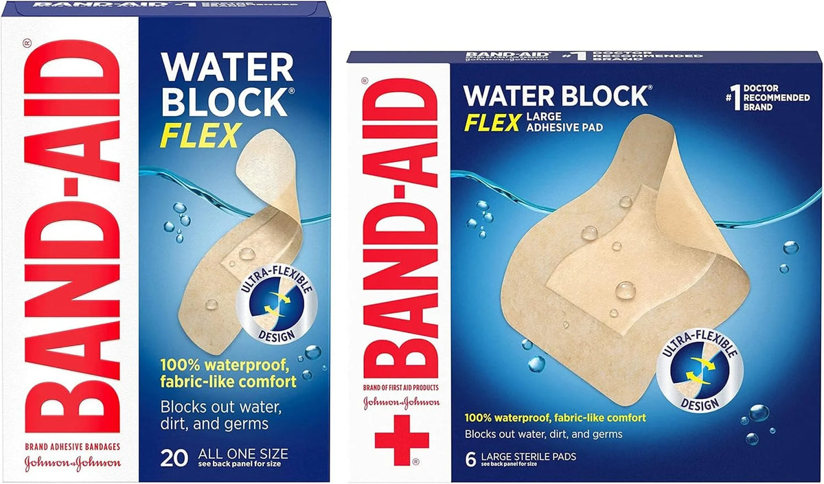 Band-Aid Brand Water Block Flex 100% Waterproof Adhesive Bandages for First Aid & Wound Care, Sterile Ultra-Flexible Design, 20 ct Box of All One Size + 6 ct Box of Large Sized Bandages