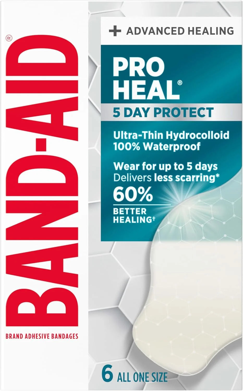BAND-AID Brand Pro Heal 5 Day Protect Hydrocolloid Bandages, Large, 6 Ct