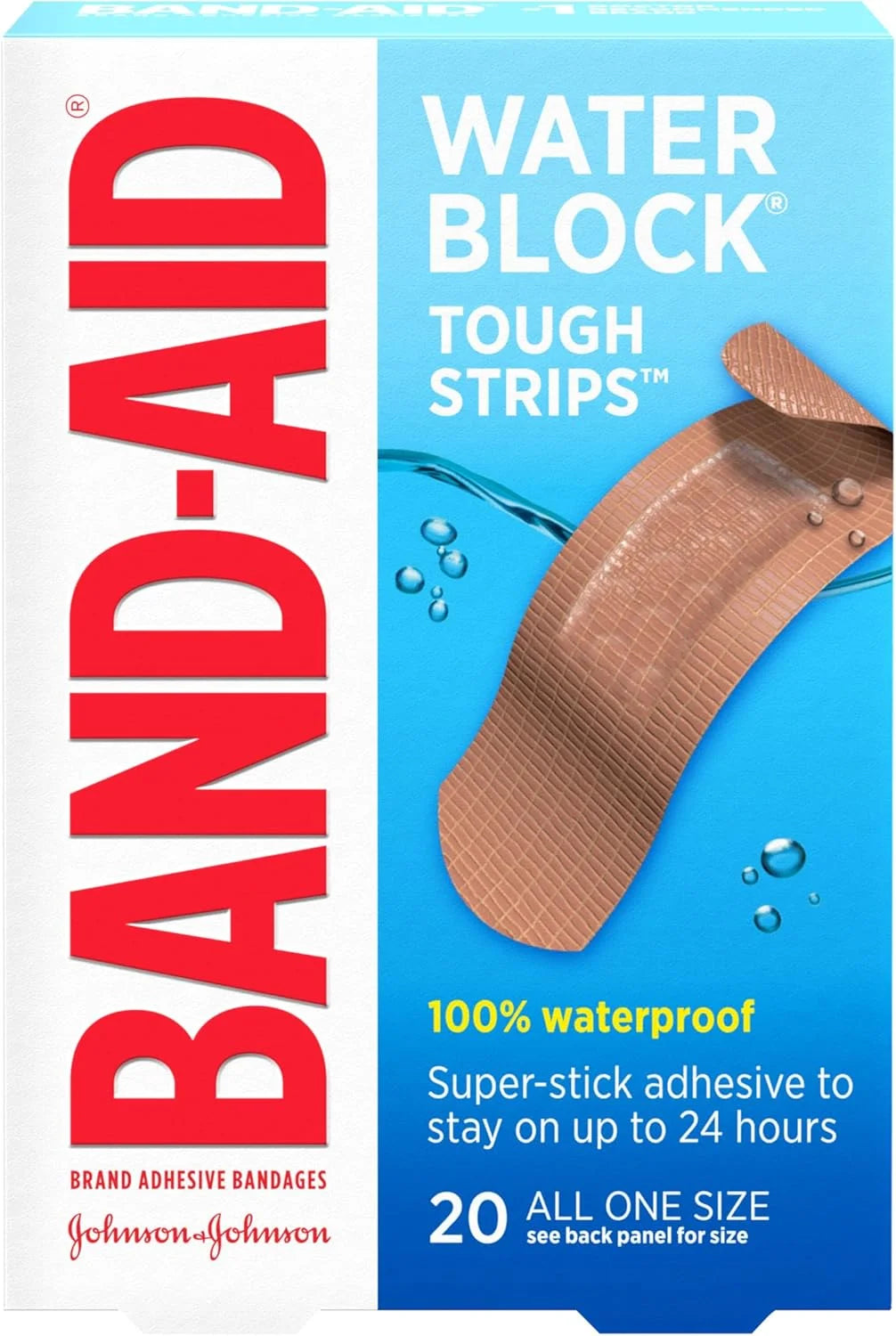 BAND-AID Brand Water Block Tough Adhesive Bandages, All One Size, 20 Count