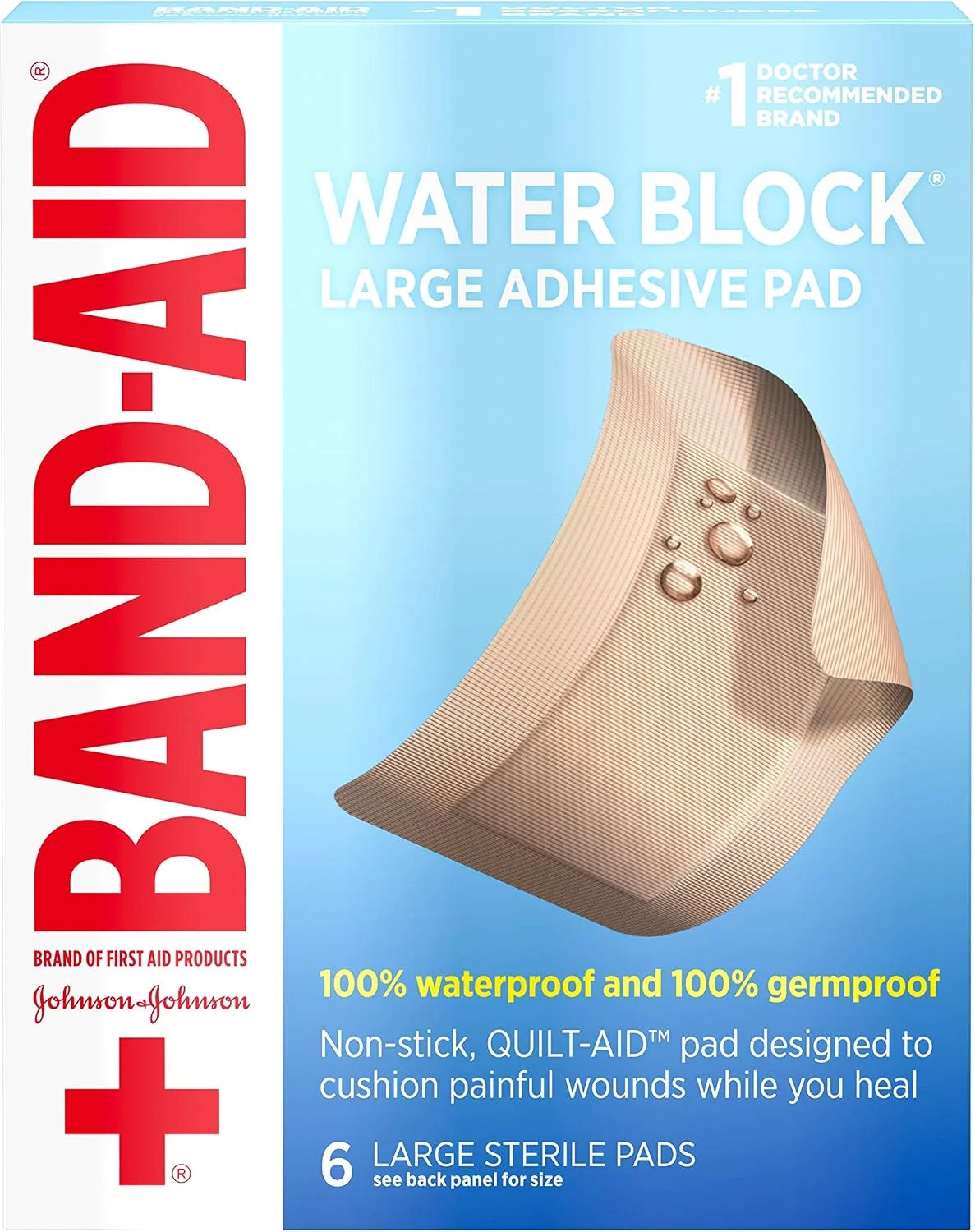 Band-Aid Brand First Aid Products Water Block Non-Stick Sterile Waterproof Pads, Large 2.9 by 4 Inches, 6 ct